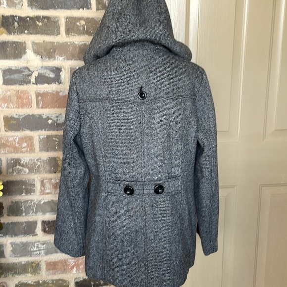 Croft & Barrow Tweed Wool Hooded Pea Coat Jacket Double Breasted Gray Black Med - Picture 5 of 13